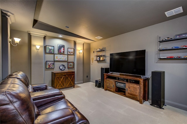 7401 Collin Mckinney Pkwy, Mckinney, TX 75070 - carpeted living room featuring decorative columns and baseboards