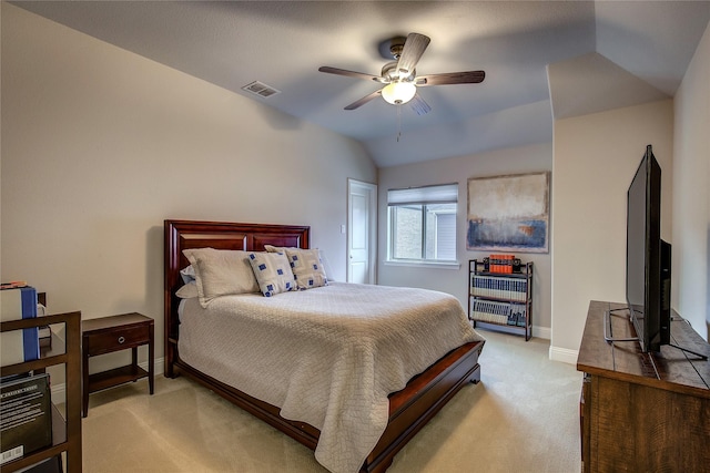 7401 Collin Mckinney Pkwy, Mckinney, TX 75070 - bedroom featuring light colored carpet, vaulted ceiling, baseboards, and ceiling fan