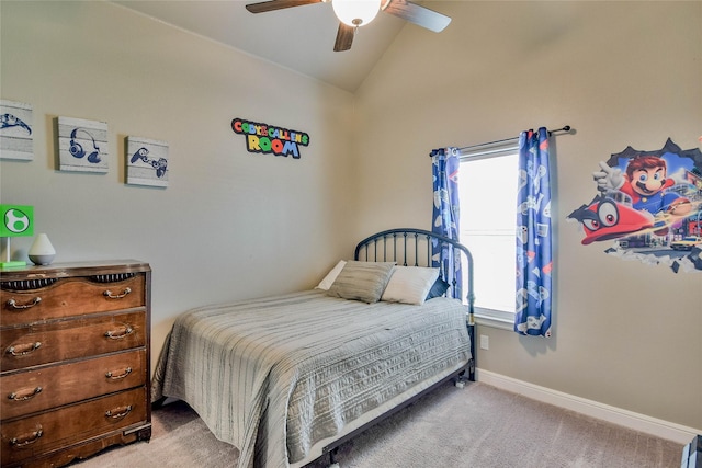 carpeted bedroom featuring baseboards, a ceiling fan, and lofted ceiling