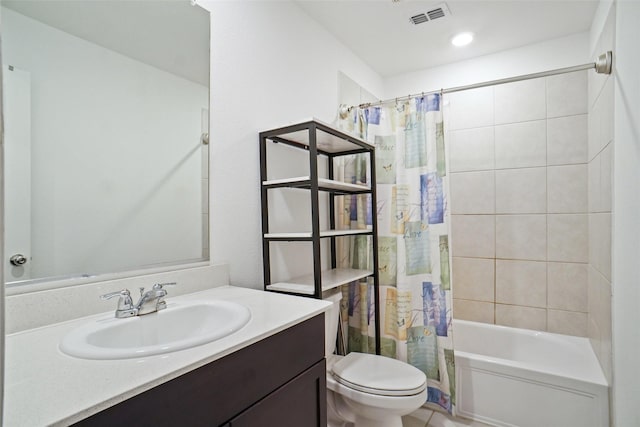full bath with vanity, shower / bath combination with curtain, toilet, and visible vents