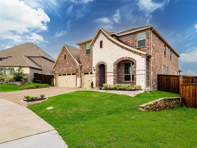 french country inspired facade with a front yard, brick siding, fence, concrete driveway, and stone siding