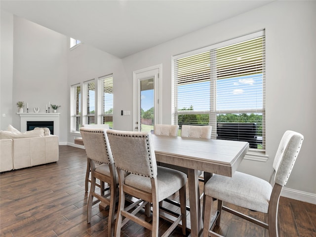 dining room featuring a fireplace, baseboards, and dark wood-type flooring
