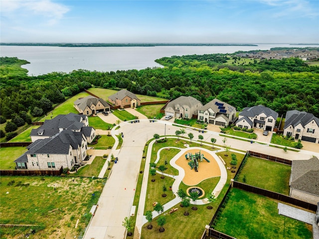 aerial view featuring a residential view and a water view