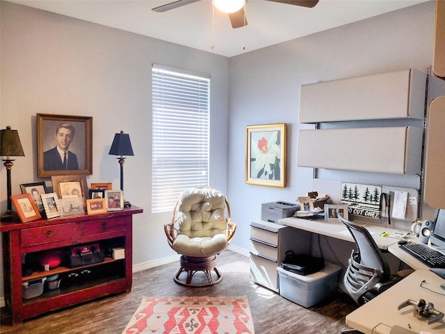 office with baseboards, a ceiling fan, and wood finished floors