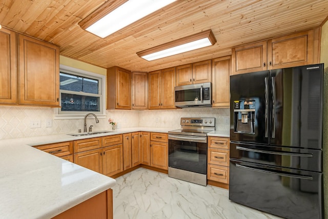 kitchen featuring appliances with stainless steel finishes, a sink, light countertops, wooden ceiling, and marble finish floor