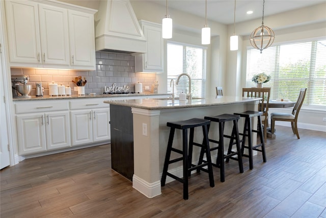 kitchen featuring dark wood finished floors, custom exhaust hood, a sink, and a center island with sink