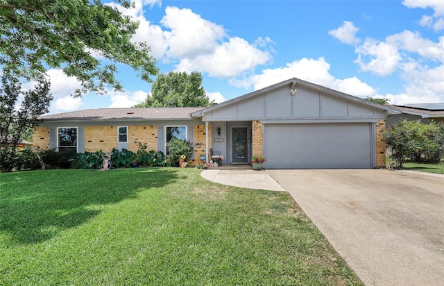 ranch-style house featuring an attached garage, a front lawn, brick siding, board and batten siding, and concrete driveway