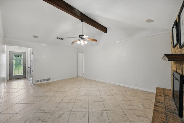 unfurnished living room with visible vents, a ceiling fan, lofted ceiling with beams, and a fireplace