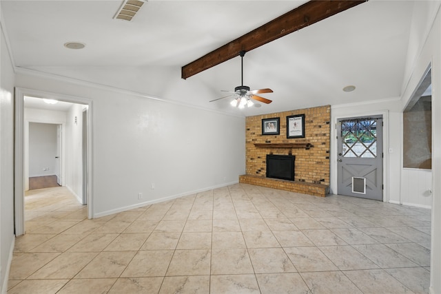 unfurnished living room with a ceiling fan, visible vents, a fireplace, light tile patterned floors, and vaulted ceiling with beams