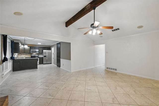 unfurnished living room with light tile patterned flooring, ceiling fan, visible vents, and vaulted ceiling with beams