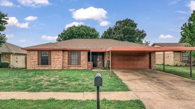 ranch-style home featuring a shingled roof, an attached garage, a front lawn, brick siding, and driveway