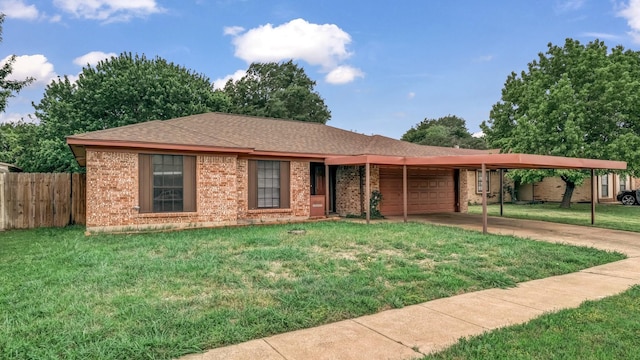 ranch-style house with fence, an attached garage, brick siding, a front yard, and concrete driveway