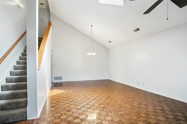 5834 Westhaven Dr Unit B, Fort Worth, TX 76132 - interior space featuring visible vents, baseboards, ceiling fan with notable chandelier, and high vaulted ceiling