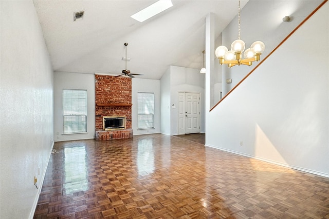 5834 Westhaven Dr Unit B, Fort Worth, TX 76132 - unfurnished living room with visible vents, baseboards, ceiling fan with notable chandelier, and high vaulted ceiling