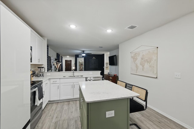 kitchen featuring ceiling fan, a sink, stainless steel range with electric stovetop, light wood-style flooring, and a peninsula