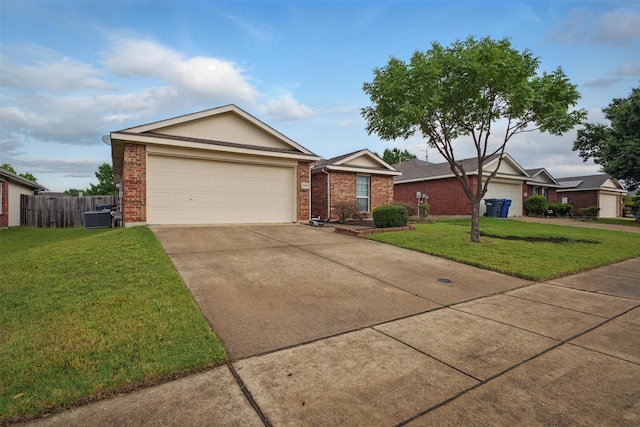 single story home with central air condition unit, brick siding, and a front yard