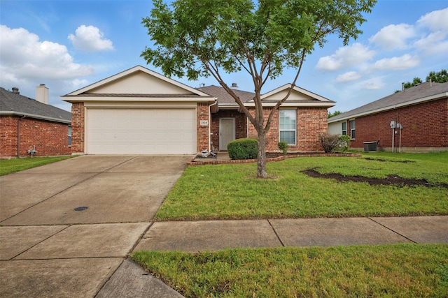 single story home featuring central air condition unit, brick siding, a front lawn, concrete driveway, and an attached garage