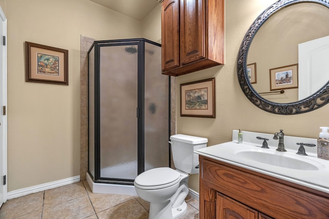 bathroom featuring vanity, baseboards, tile patterned flooring, and a shower stall