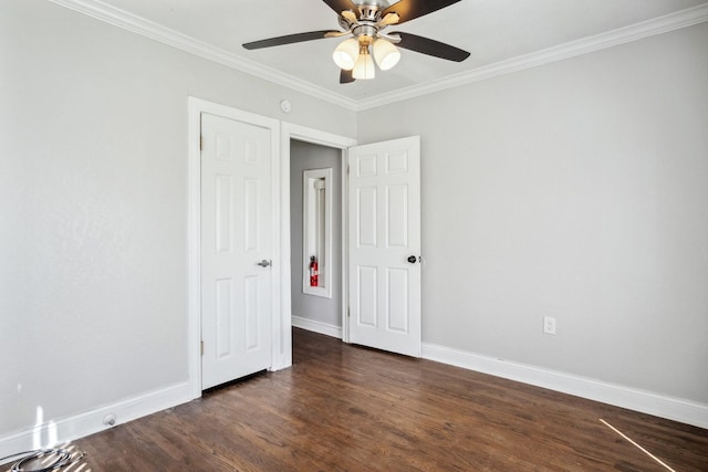 2653 Almeda Dr, Dallas, TX 75216 - unfurnished bedroom with ornamental molding, dark wood-type flooring, baseboards, and a ceiling fan
