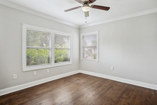 2653 Almeda Dr, Dallas, TX 75216 - unfurnished room with dark wood-type flooring, baseboards, ornamental molding, and ceiling fan