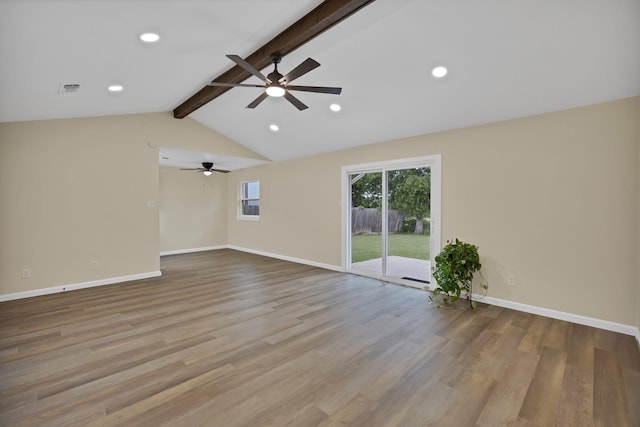unfurnished room with ceiling fan, visible vents, wood finished floors, baseboards, and recessed lighting