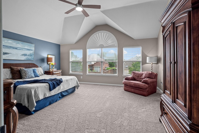 bedroom featuring ceiling fan, lofted ceiling, carpet, and baseboards