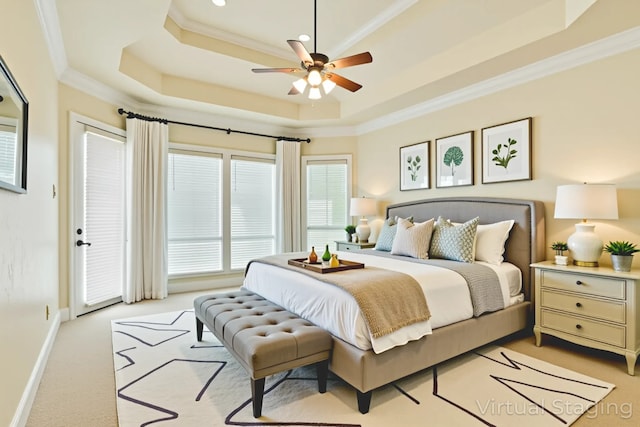 1713 Broadmoor Dr, Keller, TX 76262 - bedroom with a raised ceiling, ornamental molding, light colored carpet, ceiling fan, and access to exterior