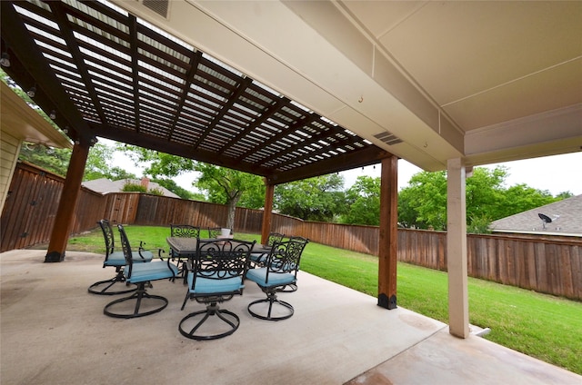 view of patio / terrace featuring outdoor dining area, a fenced backyard, visible vents, and a pergola