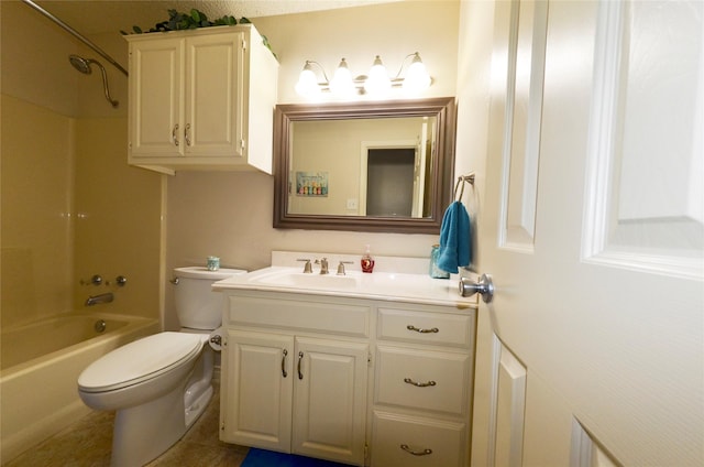 bathroom with toilet, tub / shower combination, and vanity