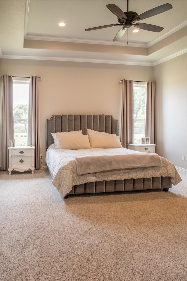 bedroom featuring carpet floors, ornamental molding, a tray ceiling, and multiple windows