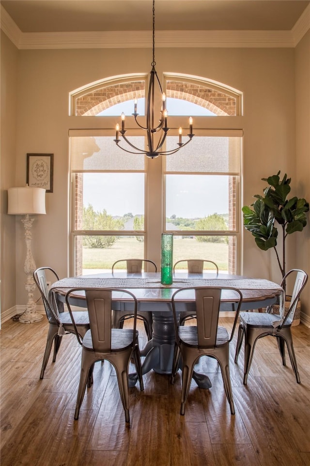 dining room featuring baseboards, crown molding, wood finished floors, and a chandelier