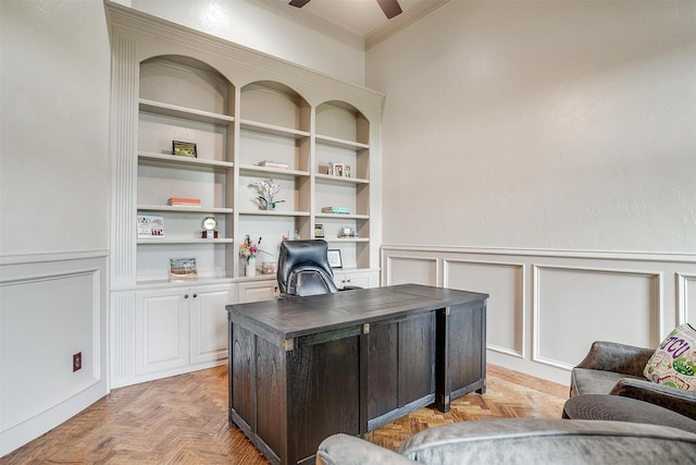 1342 Steeple Chase Ln, Aledo, TX 76008 - home office featuring wainscoting, ornamental molding, a decorative wall, and ceiling fan