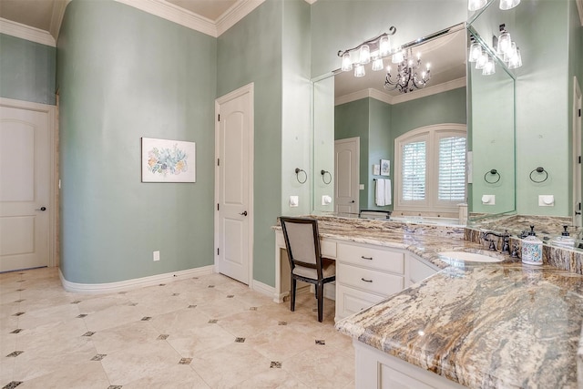 1342 Steeple Chase Ln, Aledo, TX 76008 - bathroom featuring an inviting chandelier, ornamental molding, tile patterned flooring, vanity, and baseboards