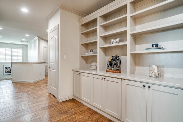 1342 Steeple Chase Ln, Aledo, TX 76008 - interior space with crown molding, recessed lighting, visible vents, and light wood-style flooring