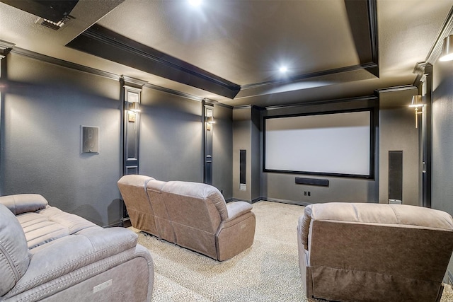 1342 Steeple Chase Ln, Aledo, TX 76008 - carpeted cinema featuring crown molding, a tray ceiling, and baseboards