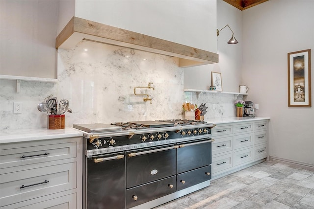 1342 Steeple Chase Ln, Aledo, TX 76008 - kitchen featuring premium range hood, decorative backsplash, light stone countertops, and double oven range