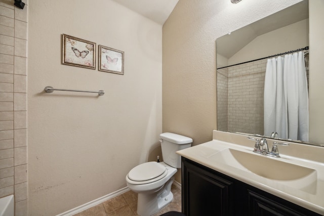 bathroom with toilet, tile patterned floors, curtained shower, and vanity
