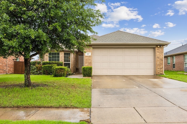 ranch-style house with concrete driveway, brick siding, a front lawn, and a garage