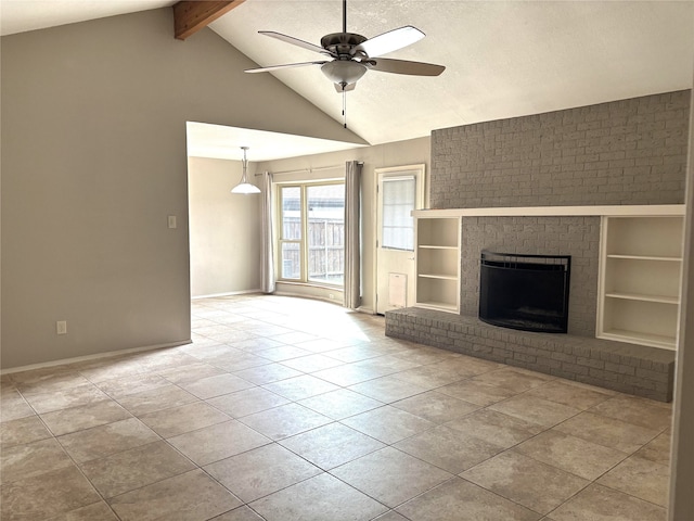 unfurnished living room with a brick fireplace, tile patterned floors, high vaulted ceiling, a ceiling fan, and beamed ceiling