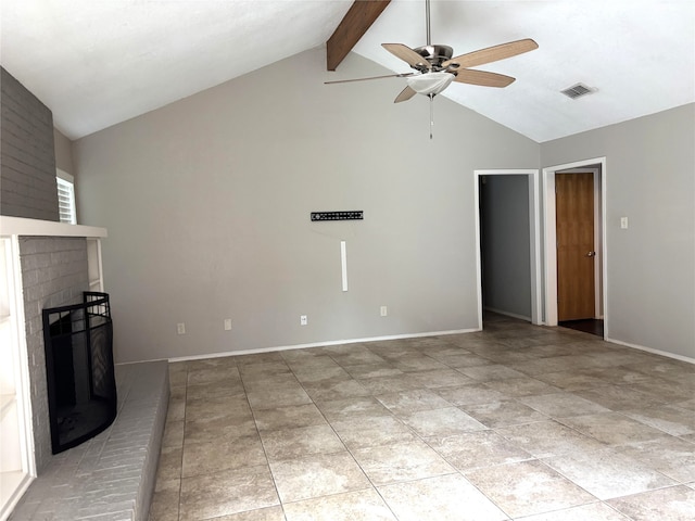 unfurnished living room featuring ceiling fan, visible vents, a fireplace, high vaulted ceiling, and beamed ceiling