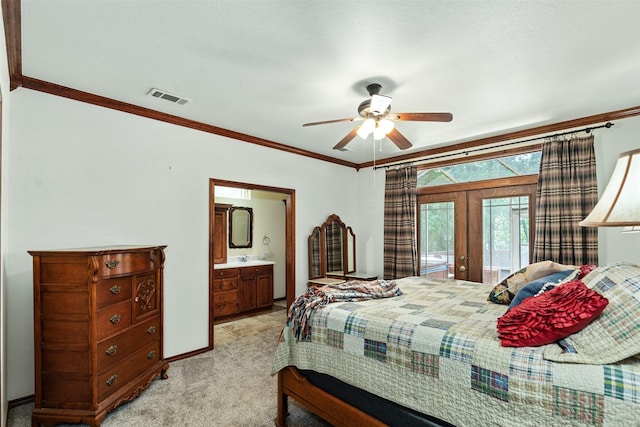 200 Bushwhacker Dr, Mabank, TX 75156 - bedroom featuring french doors, light colored carpet, visible vents, baseboards, and ornamental molding