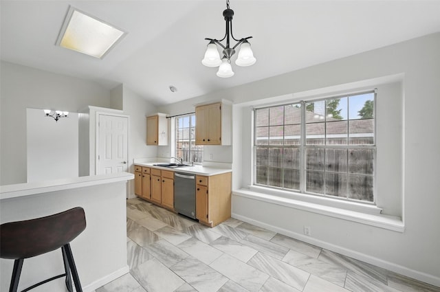 kitchen featuring hanging light fixtures, stainless steel dishwasher, a notable chandelier, light countertops, and lofted ceiling