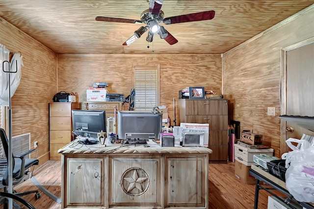 office space featuring a ceiling fan, wood finished floors, and wooden ceiling