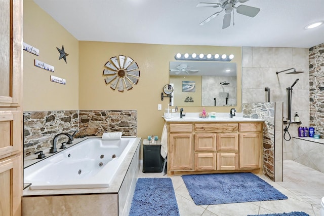 full bath featuring tile patterned flooring, a ceiling fan, and a walk in shower