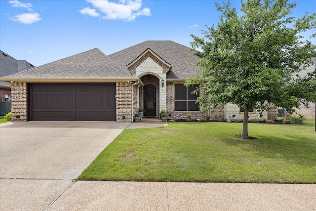 1408 Joshua Way, Granbury, TX 76048 - view of front facade with a front yard, brick siding, a shingled roof, concrete driveway, and an attached garage