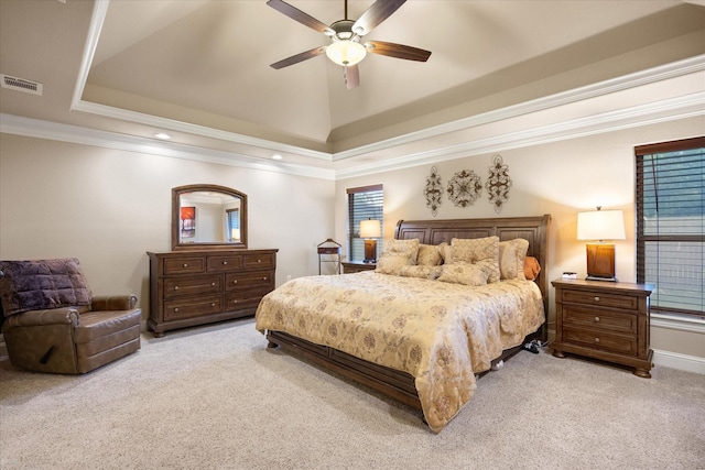 1408 Joshua Way, Granbury, TX 76048 - bedroom featuring a ceiling fan, light colored carpet, visible vents, a raised ceiling, and ornamental molding