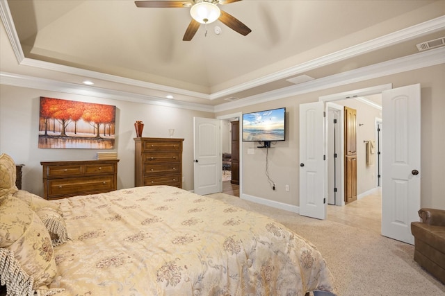 1408 Joshua Way, Granbury, TX 76048 - bedroom featuring crown molding, a tray ceiling, visible vents, and carpet