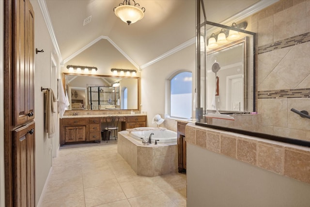 1408 Joshua Way, Granbury, TX 76048 - bathroom with a garden tub, crown molding, vaulted ceiling, vanity, and tile patterned floors