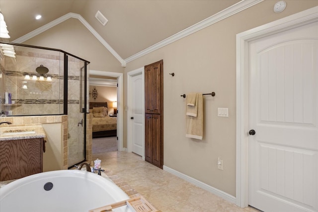 1408 Joshua Way, Granbury, TX 76048 - ensuite bathroom featuring a bathtub, connected bathroom, a stall shower, vanity, and lofted ceiling