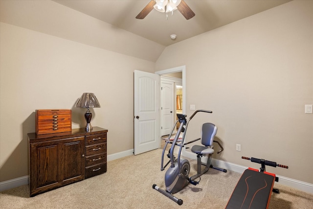 1408 Joshua Way, Granbury, TX 76048 - exercise room featuring ceiling fan, light colored carpet, baseboards, and lofted ceiling